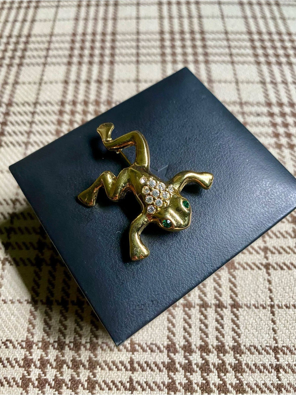 Gold Frog Lapel Pin with Green Crystal Eyes